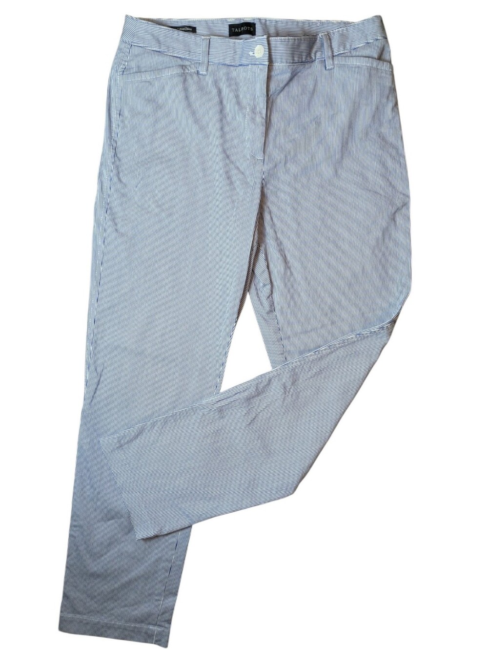 Talbots Stretch Cotton Chino Blue White Seersucker Stripe Pants Women's Size 10